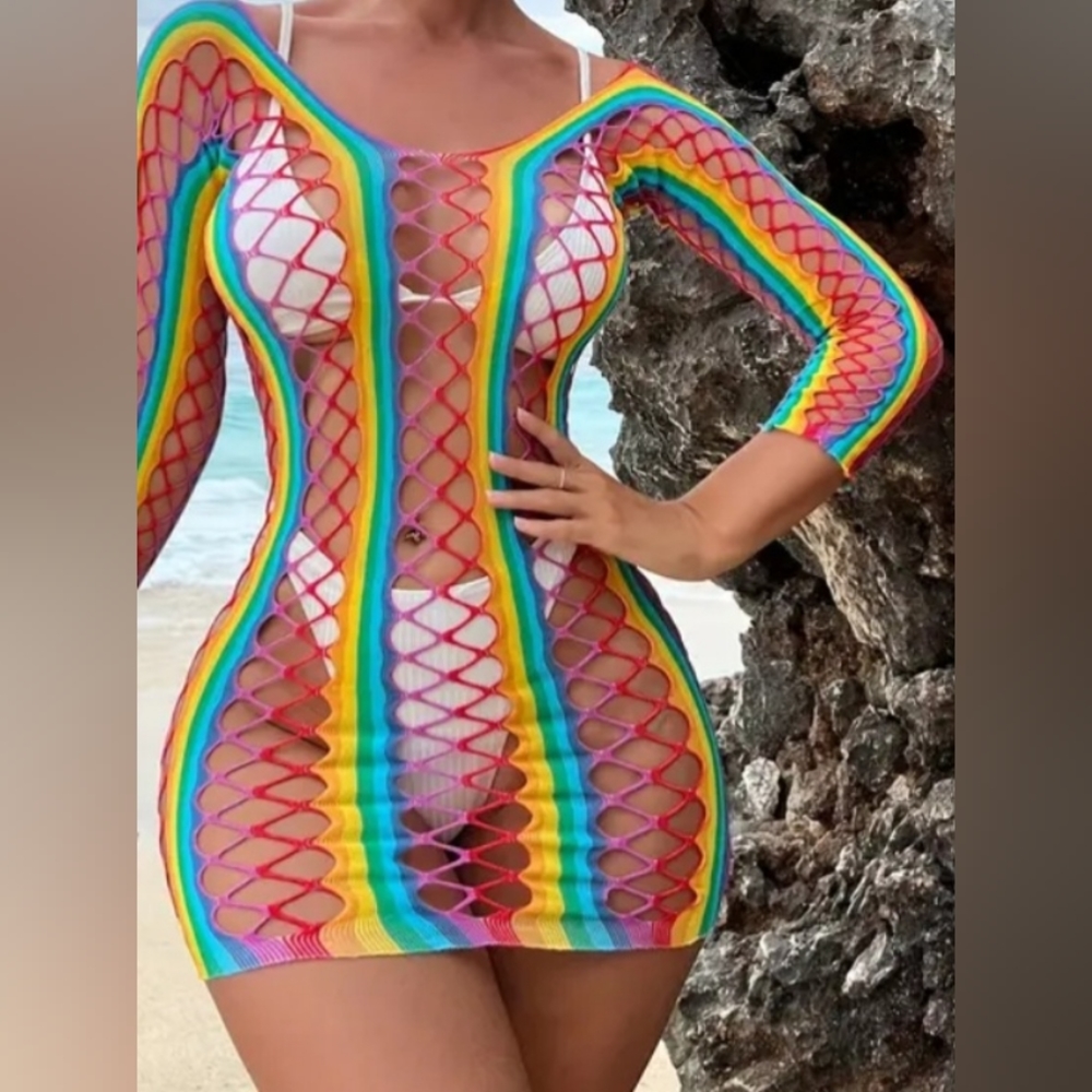 Nylon Fishnet Half Sleeve Cover Up Mini Dress Lingerie Outfit